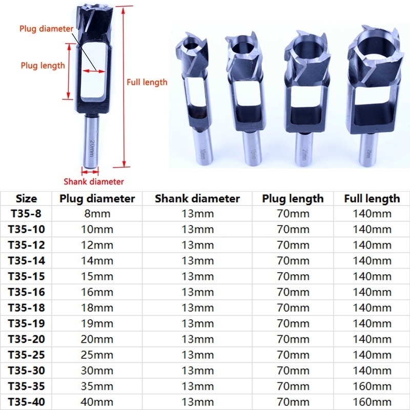8mm-40mm Woodworking Drill Bit Tapered Snug Plug Cutter