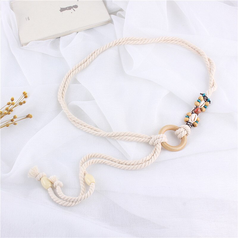 Lovely girl woven braided knitted cotton hemp rope belts for women circular ring buckle thin belt knot waist chain straps