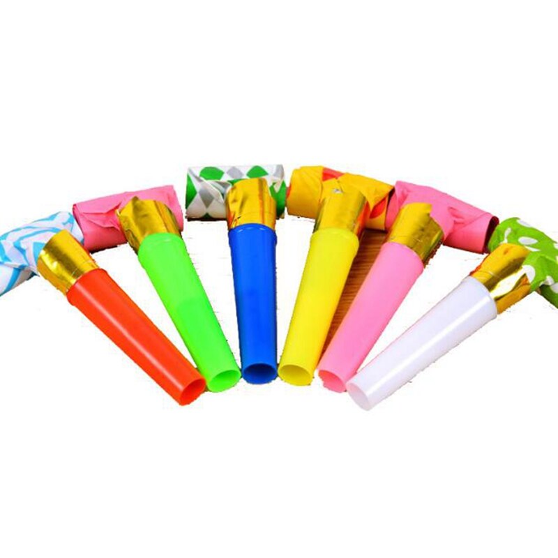 8 stuks plastic speelgoed voor een kinderfeestje, een tornado-hoorn, een drakenfluitje en een blazende tornado-hoorn.