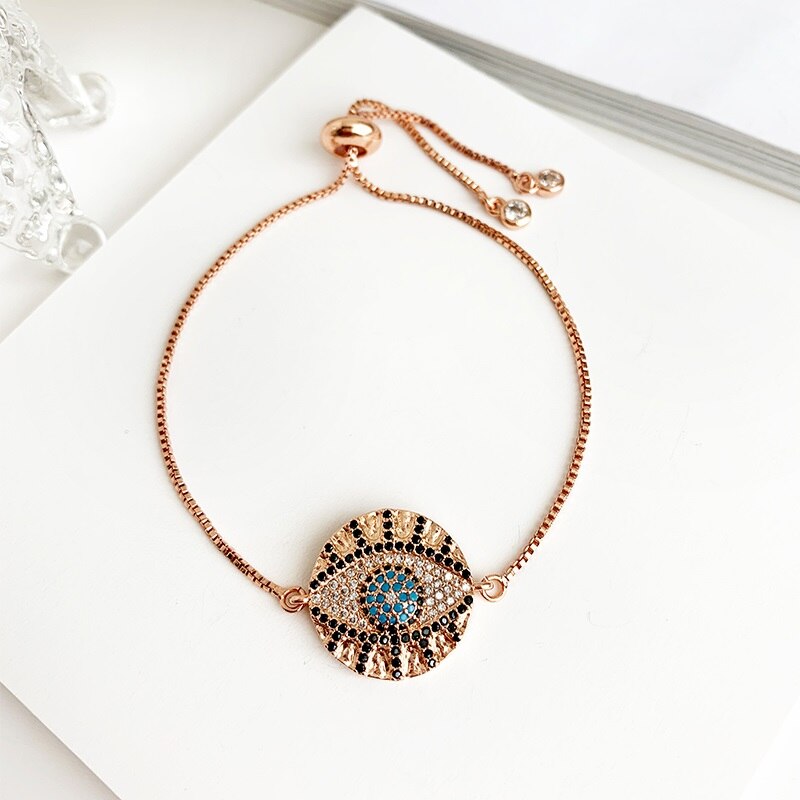 Gold Copper Inlaid Zircon Beaded Pin Letter Love Bracelet Bracelet Women CZ Rainbow Turkish Blue Eye Bracelet Girls: rose red