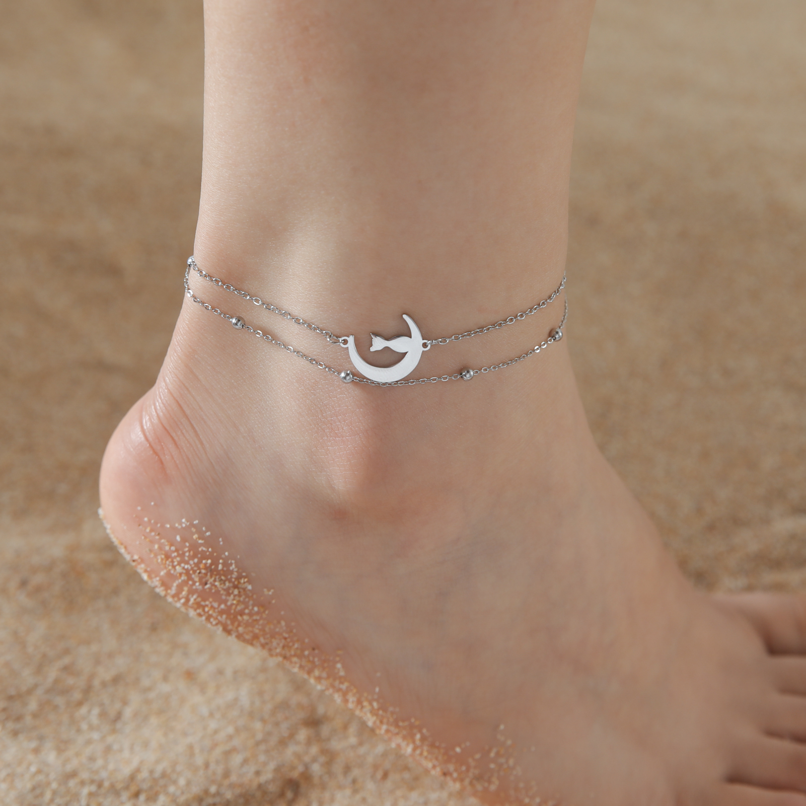 Cazador Animal Cat Dog Paw Anklets for Women Stainless Steel Double Layer Beads Foot Bracelet on the Leg Summer beach Jewelry: Antique Copper Plated