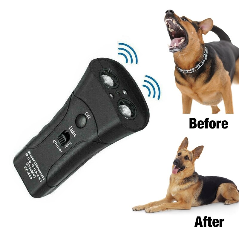 Pet Anti perro ladrando Pet Trainer LED luz ultrasónica suave Chase entrenamiento doble cabeza trompeta