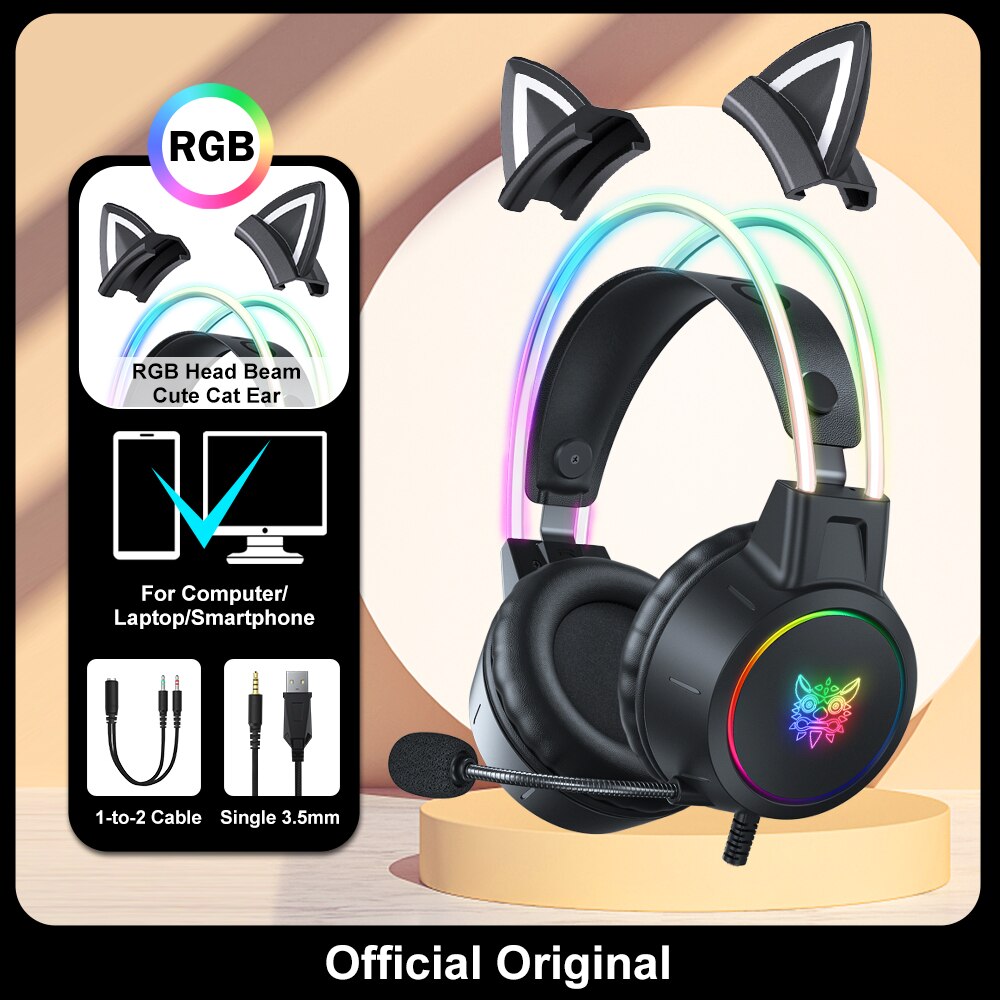 ONIKUMA X15 Pro Over-Ear-Kopfhörer, Gaming-Headset, kabelgebundene Kopfhörer mit Unterdrückung, rosa Katzenohren, RGB-Licht mit Mikrofon für PC PS4: WHITE