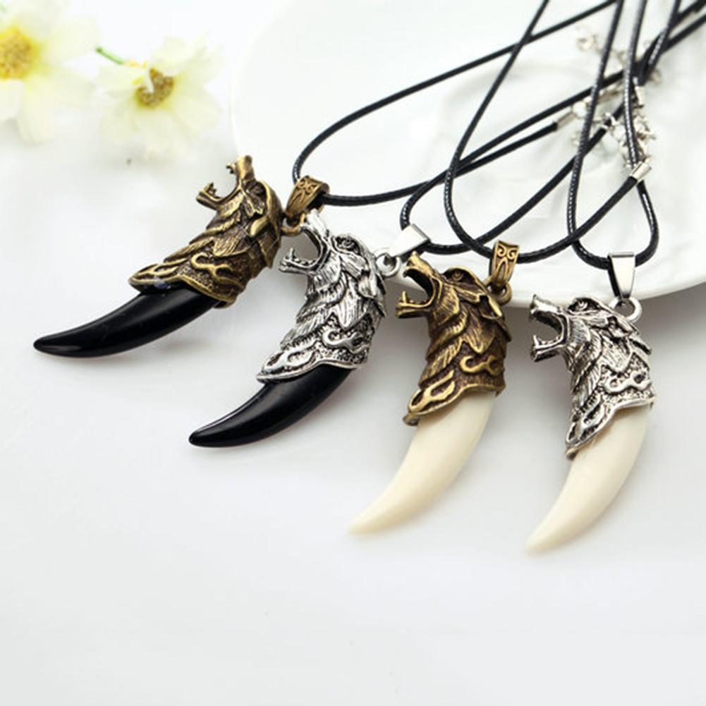 Nova moda antigo masculino colar tribal esculpido lobo fang dente pingente falso couro corda colares para homem