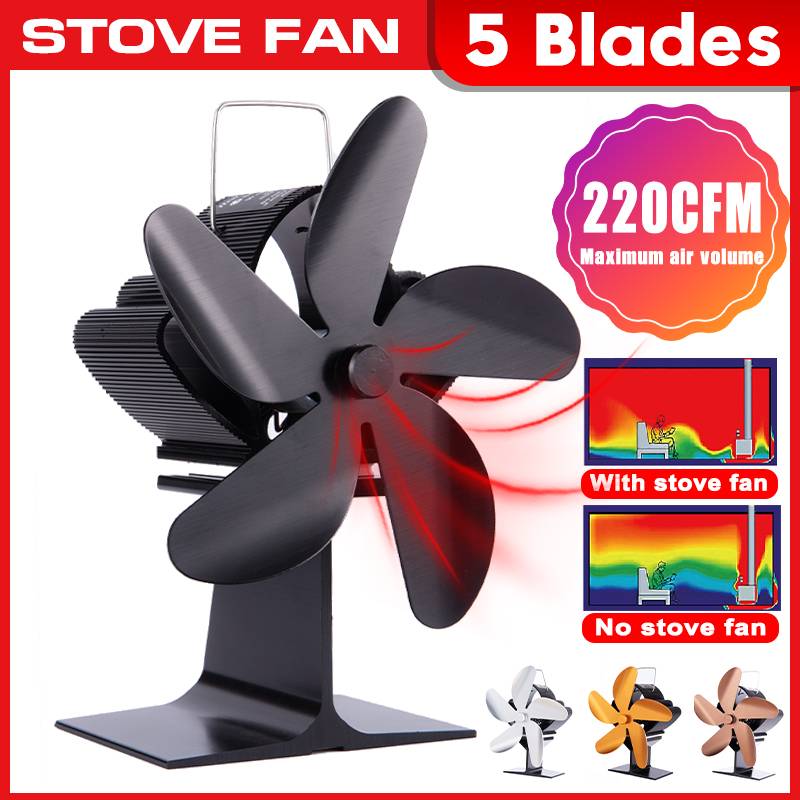 Black Fireplace 5 Blade Heat Powered Stove Fan komin Log Wood Burner Eco Friendly Quiet Fan Home Efficient Heat Distribution