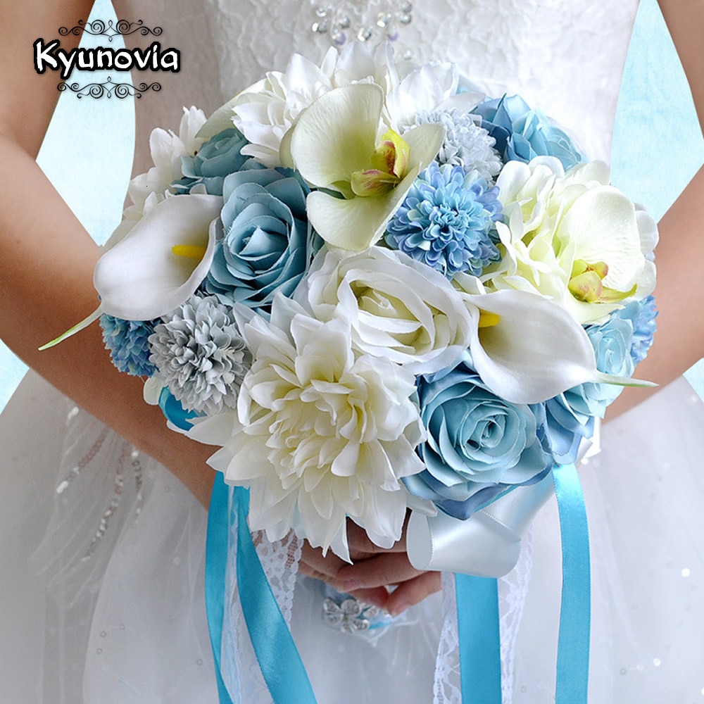Blauw Wit Orchidee Calla Lelie Gerbera Kunstbloemen Crystal Bruidsboeket Kerk Wedding Bridal Boeket GC12