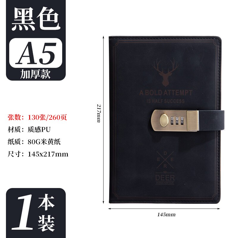 Diary Super Thick Notes Password Lock Journal Business Office School Supplies Sketch Stationery Notebook Daily Work Page Notepad: Black Notebook B
