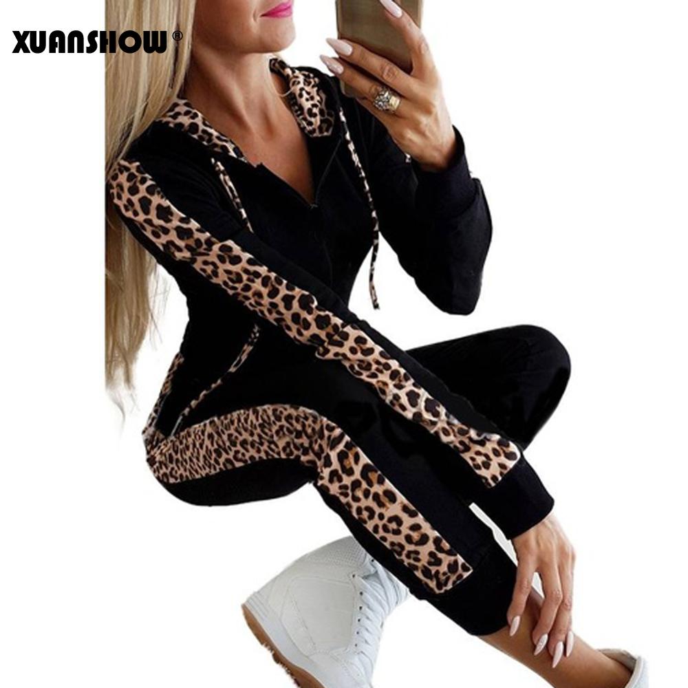 XUANSHOW Autumn Winter Tracksuit Women Splice Fleece Leopard Print Coat with Hood Two Pieces Set Hoodies Long Pants Suit