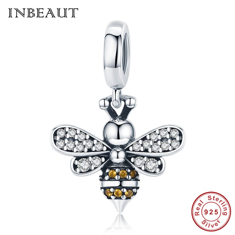 Inbeauté pingente de prata esterlina 100%, amarelo esmalte, abelha, redondo, marrom, zircônia cúbica, ninho de abelha, pulseira de marca fit: sc821