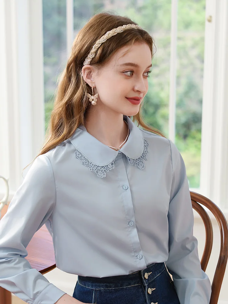 Camiseta I BELIEVE YOU para mujer, blusas ajustadas elegantes únicas con cuello Peter Pan de retales de encaje francés azul, novedad de Otoño de 2024 2233055335