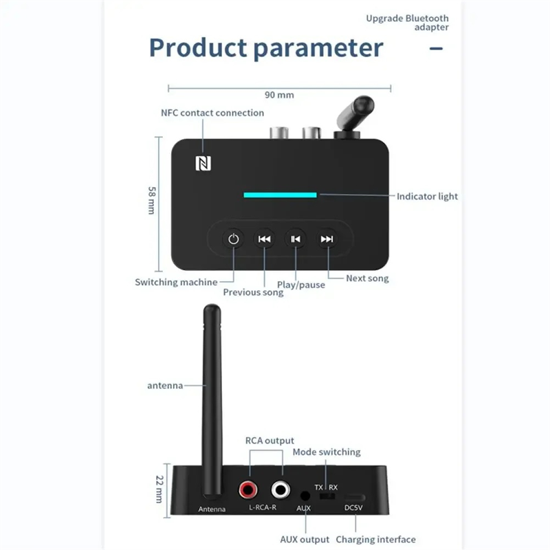 CABE-Audio Receiver Transmitter NFC Bluetooth USB TF Card Music Playback AUX Adapter Audio Amplifier Wireless Stereo