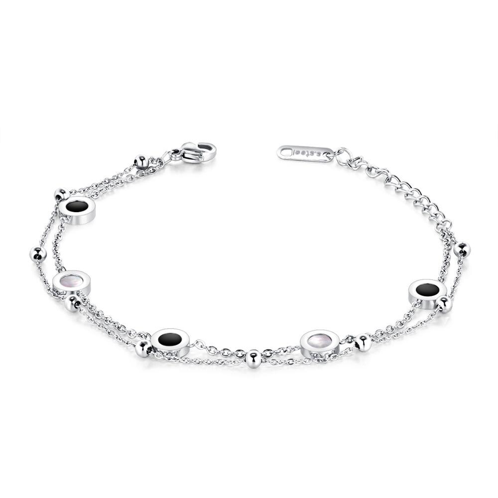 Grier Dubbele Zwarte En Witte Shell Armbanden Voor Vrouwen Meisjes Rose Gold & Link Titanium Stalen Armband Sieraden: Silver