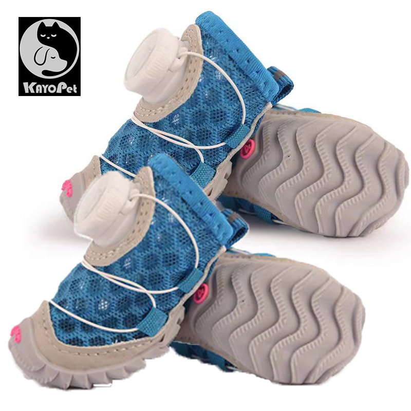 Hundskor sommar roterande knapp spets liten hund husdjursfotskydd andningsbart mjukt botten sommarnät sandalskydd: M / Rosa