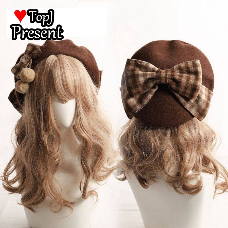 Japanse Kawaii Baret Hoed Lolita Tiener Hart Zoete Wollen Handgemaakte Cute Lace Strik Warme Herfst Winter Schilder Hoed Hoofdtooi: Brown