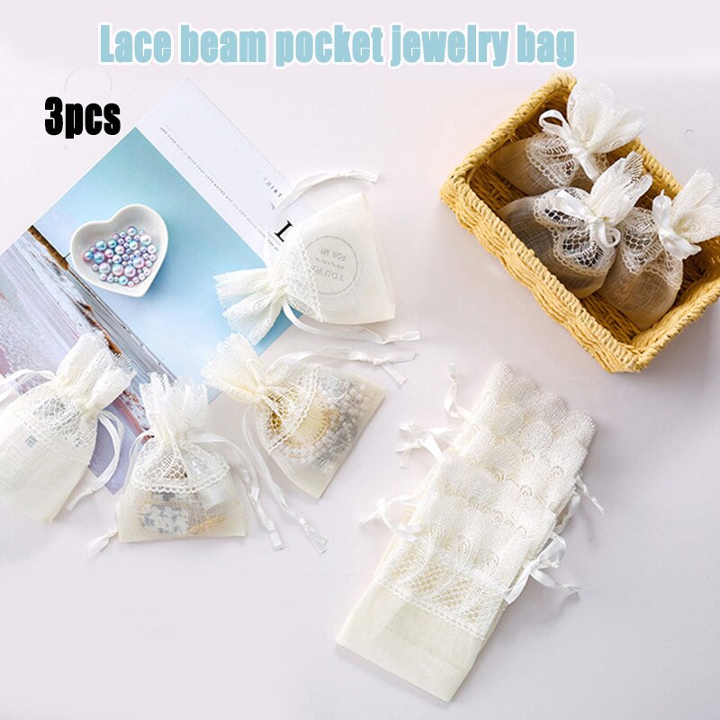 3 Pcs Drawstring Bag Multipurpose Lace for Wedding Party Favor Jewelry Candy Best -WT: Default Title