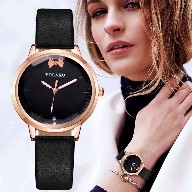 Analoge Quartz Horloge Voor Vrouwen Eenvoudige Dames Bow Quartz Horloge Temperament Zwarte Horloge Vrouwelijke Modellen Armband Horloge