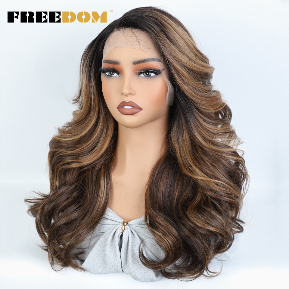Pelucas delanteras de encaje sintético FREEDOM para mujeres negras, peluca de encaje ondulado de 22 pulgadas, pelucas rubias marrón Chocolate ombré, peluca de Cosplay