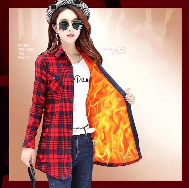 Fløjl tyk varm dame #39 ;s lang plaid skjorte dame toppe med fulde ærmer m-xxxl vinter ternet bluse blusas femininas chemise efterår: Aaaa lang -07 / Xxxl