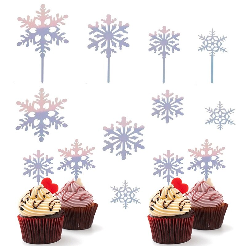 4 stuks/set mix acryl sneeuwvlok taarttopper verjaardagsfeest cupcake topper voor jaar kerstdecoratie taartdecoratie