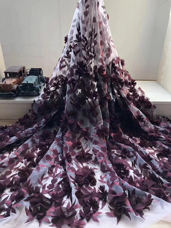 1 verftet fersken rosa 3d blondere stoff med 3d chiffong blomster, fransk haute couture, håndlaget kraftig blond stoff med blomster: Vinrød
