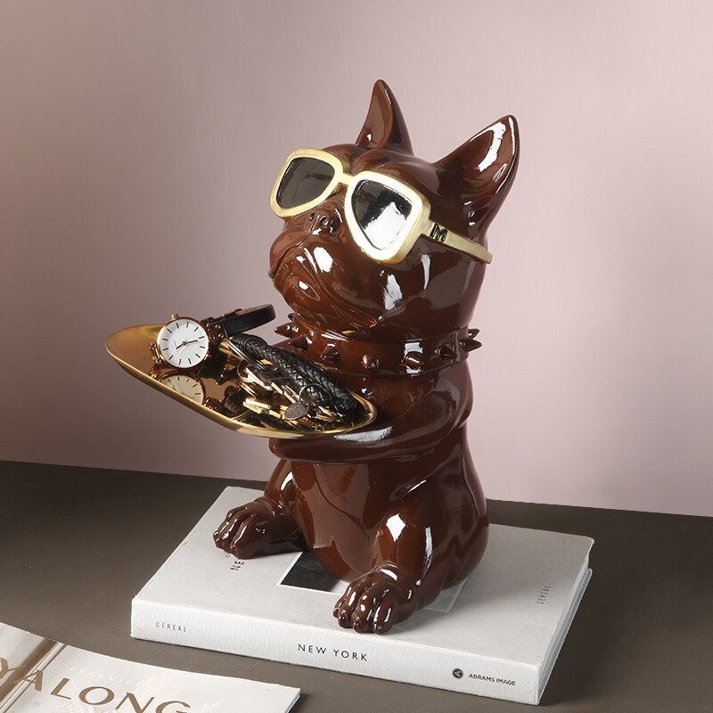 Escultura de Bulldog Francés nórdico, estatua de perro, llave, joyería, almacenamiento, decoración de mesa, con vasos de plata