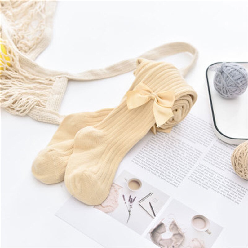 2-7Y Ribbon Bows Baby Girls Tights Clothes Winter Cotton Knitted Baby Stockings Collant Bebe Fille Pantyhorse Children Tights: beige / 2-3Y