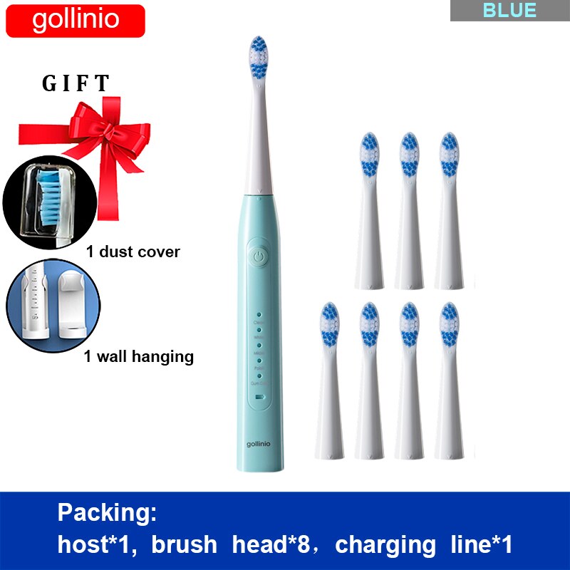 Gollinio-cepillo de dientes eléctrico recargable por Usb, dispositivo dental electrónico de carga rápida GL09A, cabezal de repuesto sónico, resistente al agua, xp7: GL09BLUE8H-H