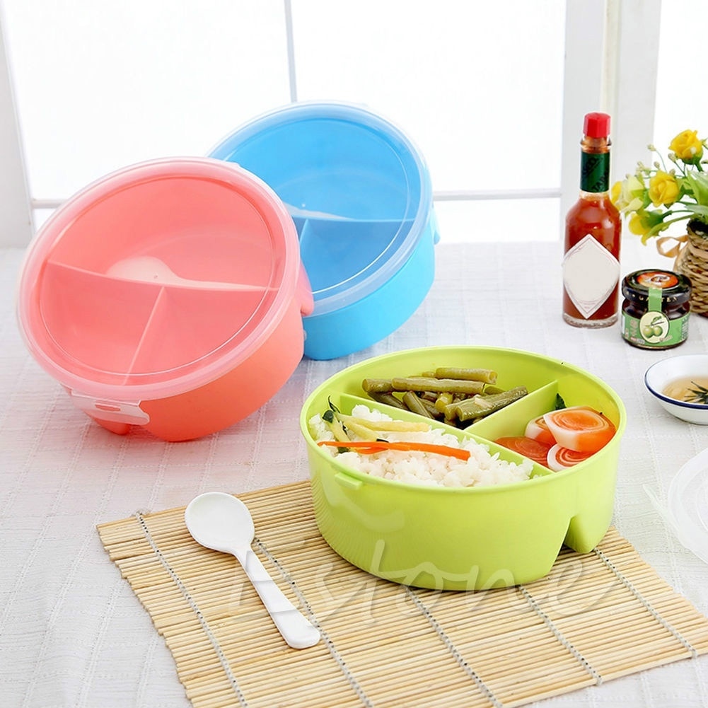 Boîte à déjeuner à Bento | Rond, Portable micro-ondes boîte à Bento stockage des aliments à Bento avec cuillère, conteneur réutilisable 3 grilles