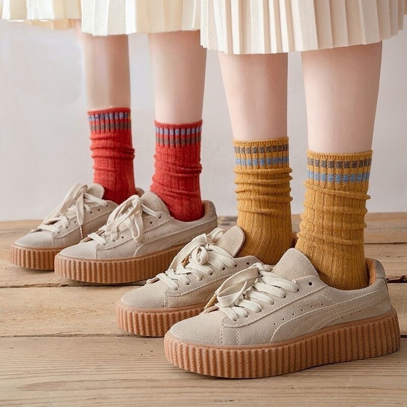 Chaussettes Vintage en coton pour femmes, longues, amples, solides, tricotées, rayées, respirantes, collection printemps-automne