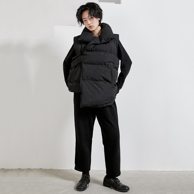 [Eam] feminino preto assimétrico tamanho grande algodão-acolchoado solto ajuste colete nova lapela sem mangas moda maré primavera outono 2020 1n320