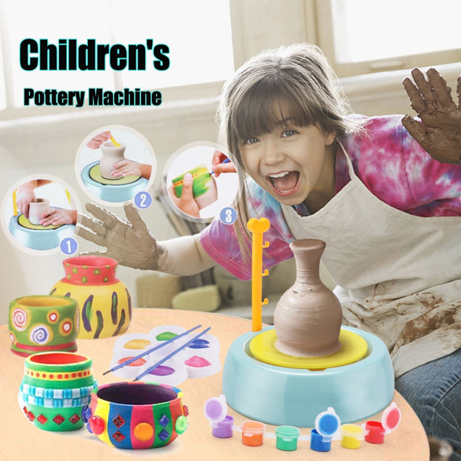 Máquina de alfarería de cerámica hecha a mano para niños, juguetes artesanales para niños y niñas, Mini ruedas de cerámica, manualidades, juguete educativo para niños pequeños