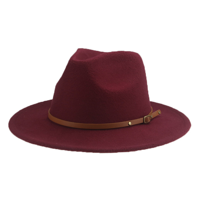 Hat Fedoras Women Winter Hats Felted Caps Hats for Men Solid Belt Casual Wedding Church Wide Brim Fedora Chapeau Femme Bonnet: wine red / 52-54cm(kids)