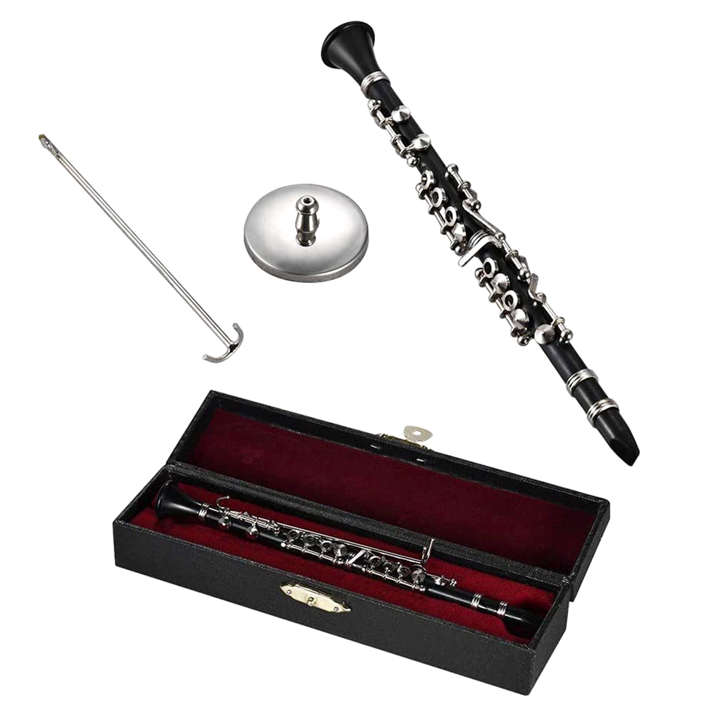 Mini Klarinet Model Muziekinstrument Miniatuur Bureau Decor Display Basklarinet Met Zwart Lederen Doos Bracket