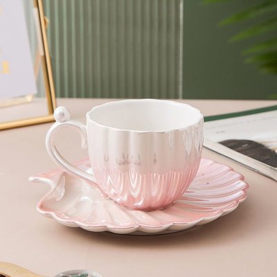 Luxury Pearl Shell Coffee Set Gradually Colour Ceramic 250ml Tea Set Cup and Saucer: pink