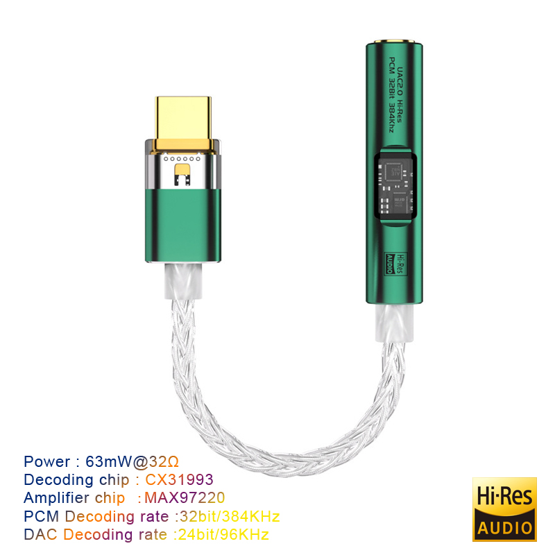 Adapter USB typu C na gniazdo 3,5 mm Wzmacniacz słuchawkowy HiFi DAC USB C Audio AUX Konwerter Dekoder CX31993 MAX97220 PCM 32Bit 384KHz: green