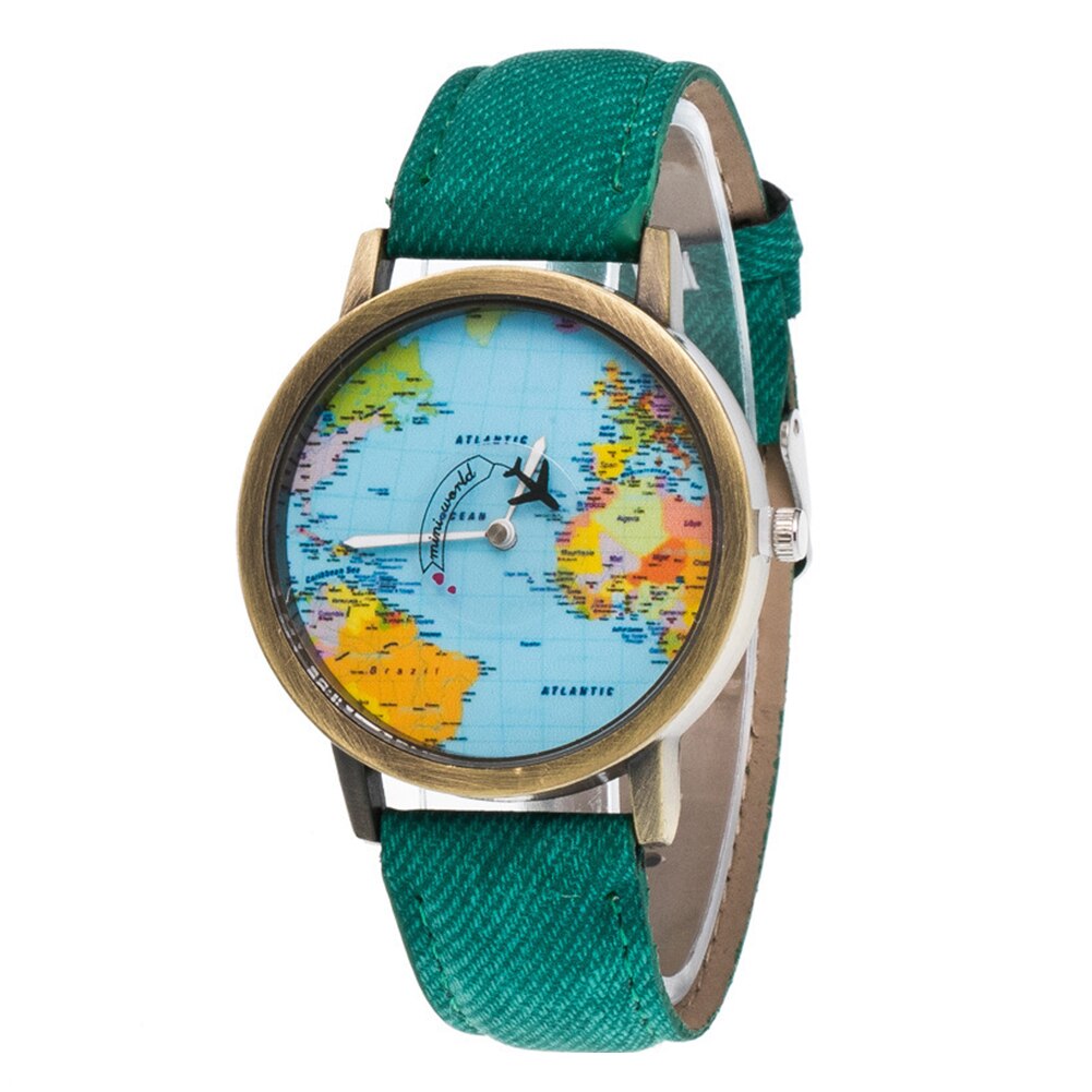 Reloj de cuarzo con correa de cuero de imitación para mujer, pulsera de hora con de mapa del mundo, esfera redonda, Retro Unisex