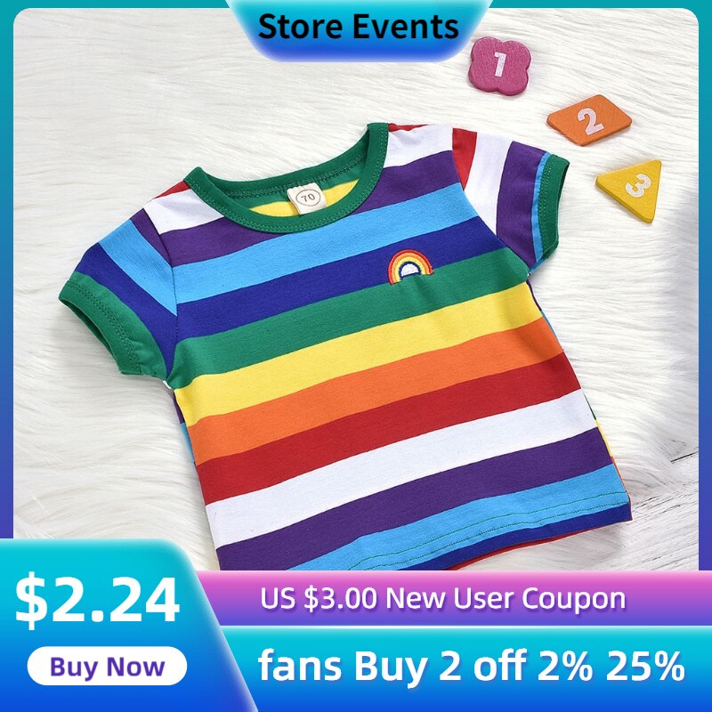 Regenboog Streep Afdrukken Kids Baby Jongens Meisjes Korte Mouwen Tops T-shirt Katoen Herfst Lente Tee Kinderen Shirts Tops 3M-3Y