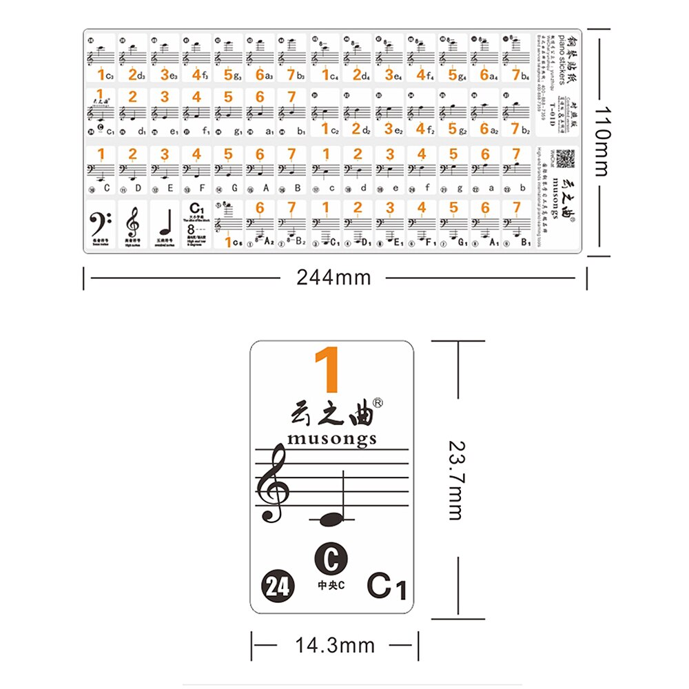 Genomskinlig 37 49 61 elektronisk klaviatur 88 tangenter piano stavnot klistermärke notationsversion & noter för vita tangenter