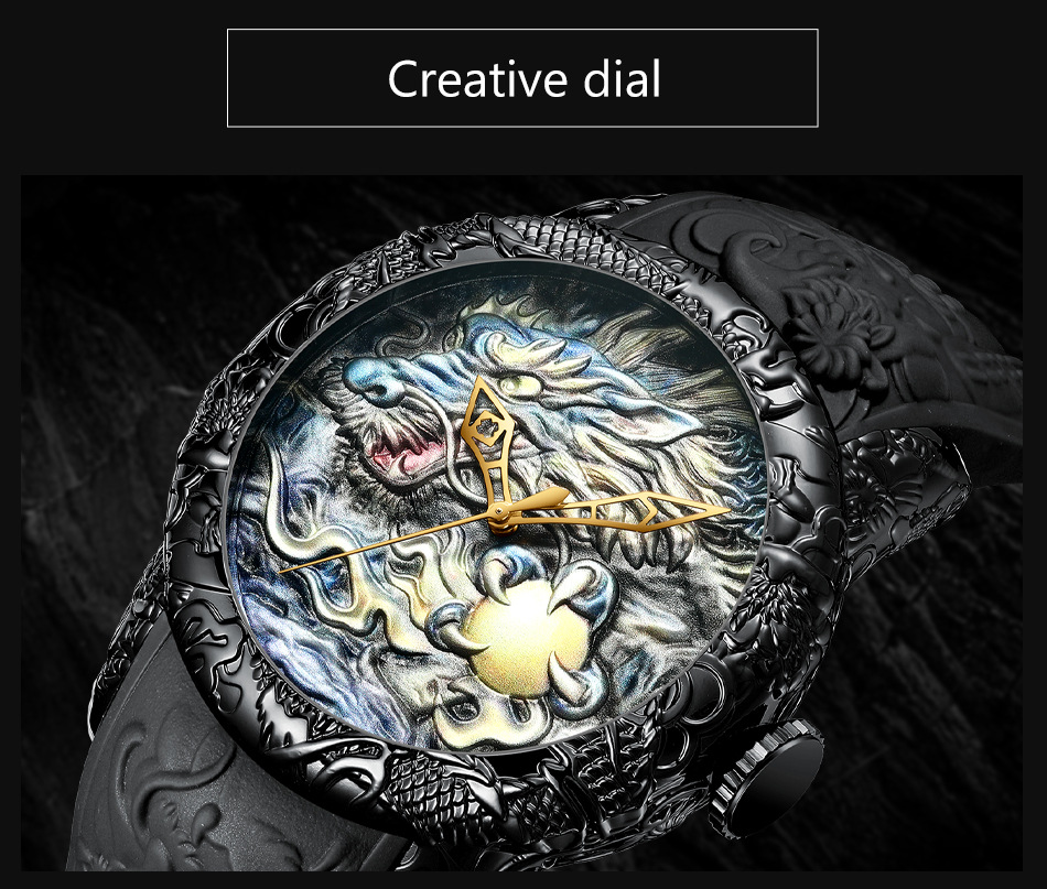Reloj de cuarzo con escultura de dragón 3D para hombre, cronógrafo de oro negro, resistente al agua, esfera grande, , de pulsera, grabado en 3D