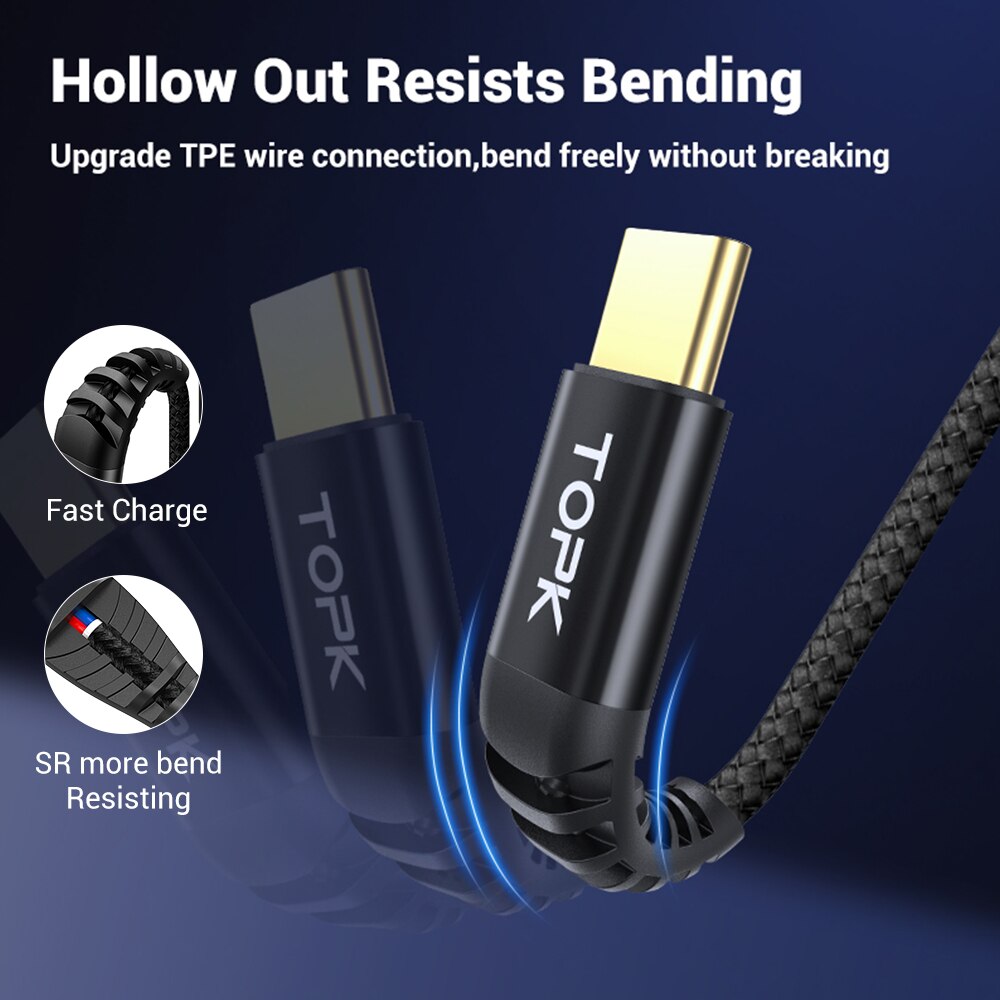 TOPK 1M 60W USB Typ C Kabel zu USB C Kabel für Samsung S10 Huawei Xiaomi Oneplus PD QC3.0 Schnelle Ladung Daten Kabel Typ-C Kabel
