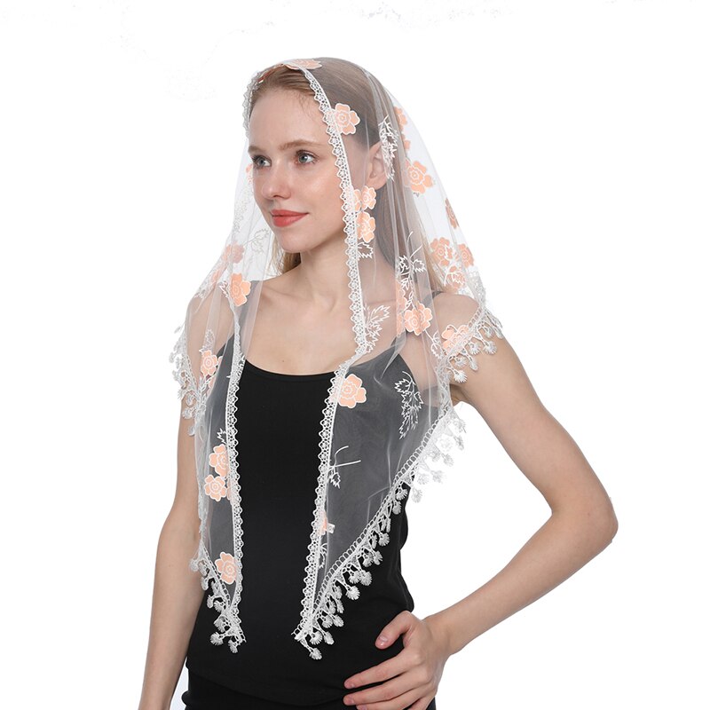 Lenço feminino triangular xale de renda para igreja, véu transparente bordado espanhol de renda para igrejam: 9