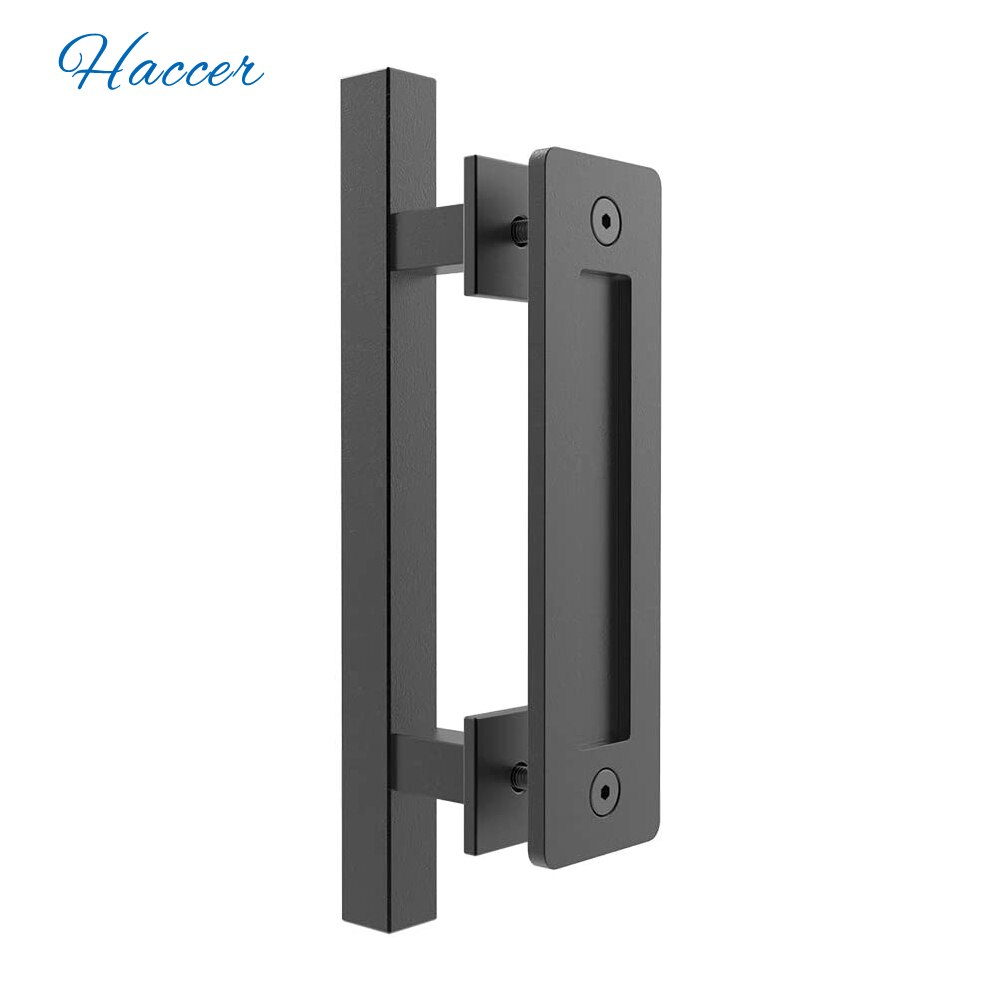HACCER 12&quot; Heavy Duty Pull Handle Sliding Barn Door Handle Flush Pull Set Carbon/Stainless Steel Square Shape Door Hardware: 1 pack Black