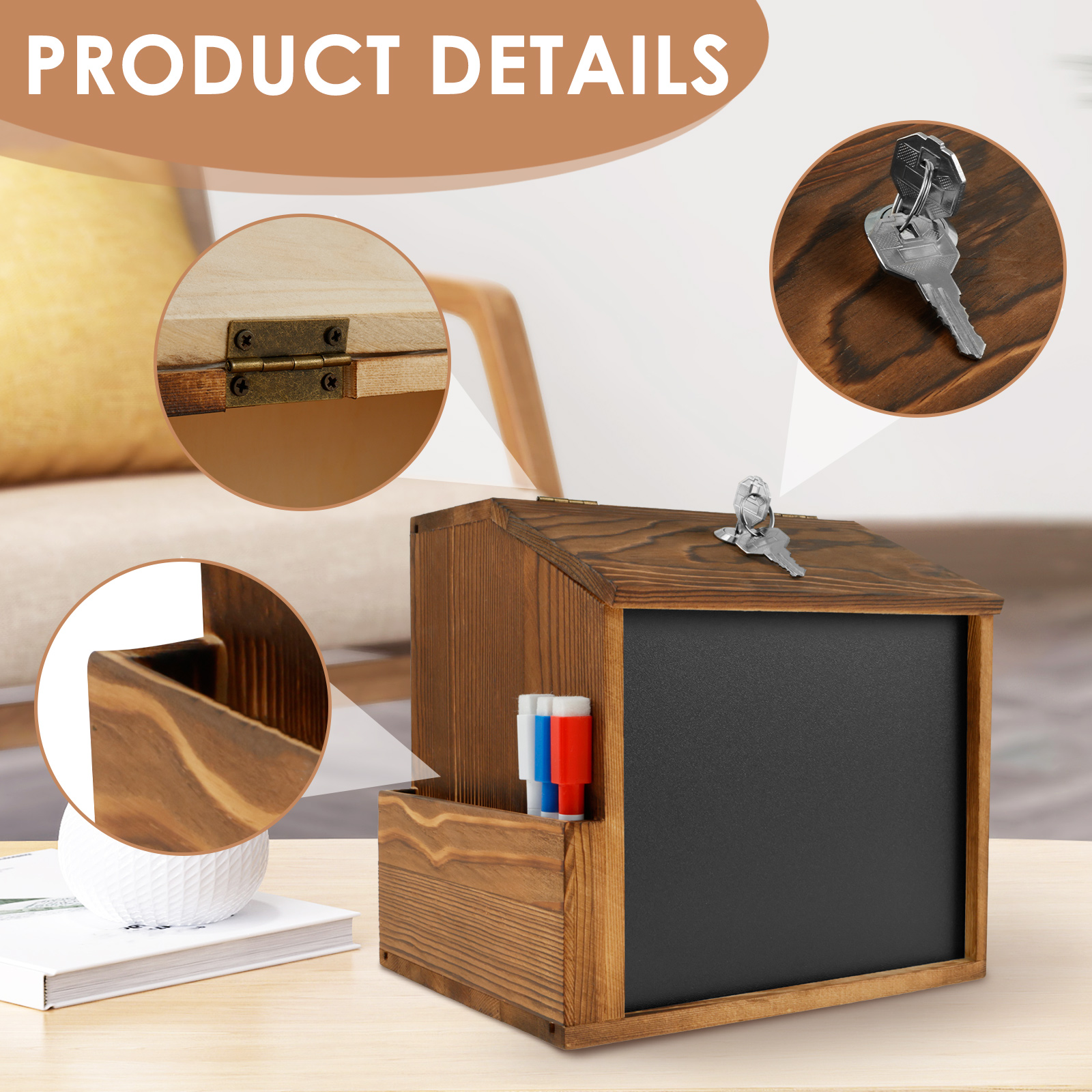 Houten suggestiedoos Wandgemonteerde stembus Vintage donatiedoos met gleuf, slot, schoolbord Multifunctioneel voor kerkbruiloft