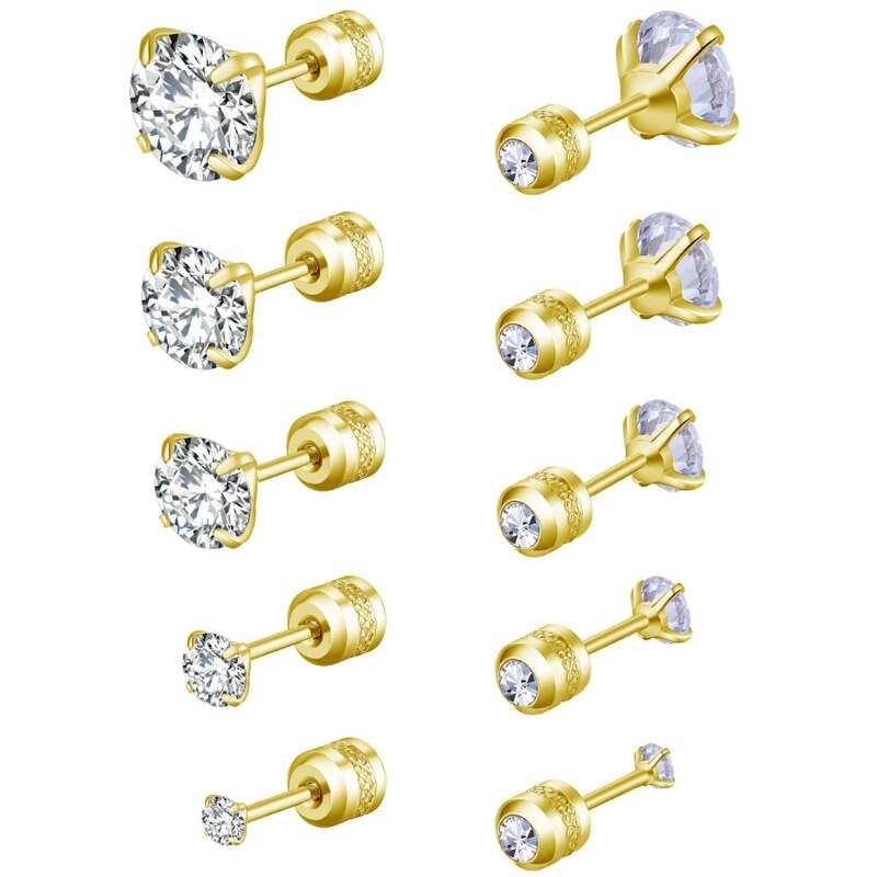 5 Pairs Rvs Cubic Zirconia Stud Oorbellen Set Voor Hypoallergeen Multi-Piercing Oren Van Mannen Vrouwen Jongens Meisjes: Gold