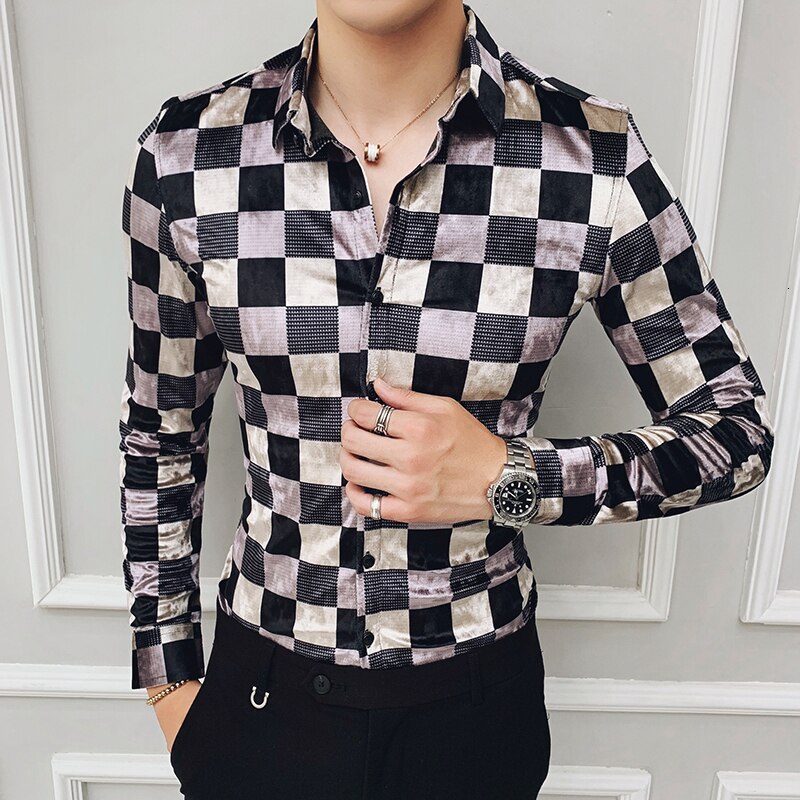 Rutete skjorter herre skjorte langermet slim fit casua skjorter velour menn kjole business sosiale skjorter camisas hombre