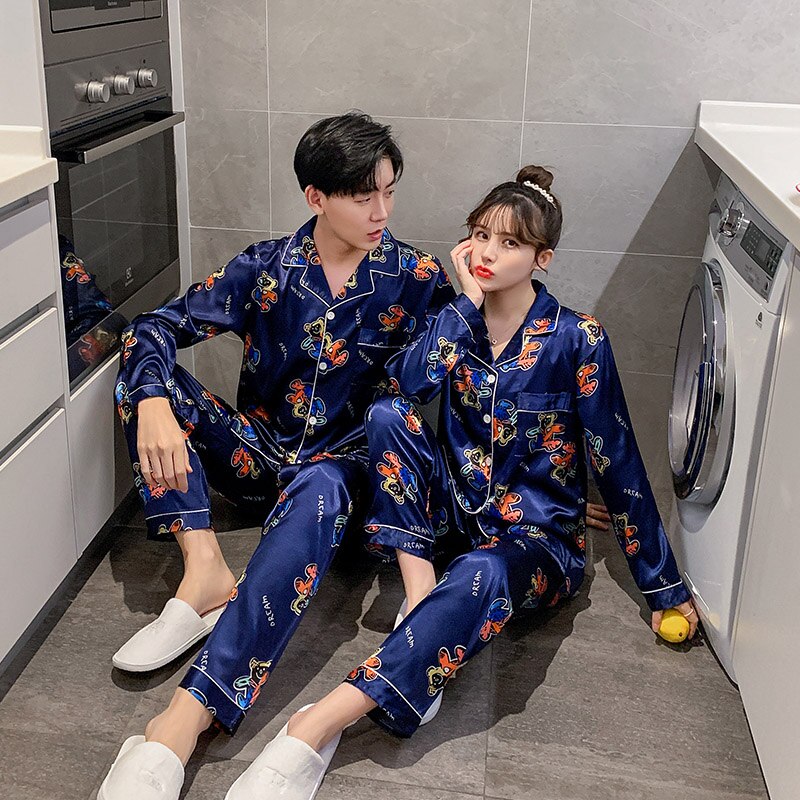 Women Satin Silk Pajamas Sets Adult Spring Faux Silk Flower Print Sleepwear Two pcs long Sleeve Shirt and Pant V-Neck Nighties