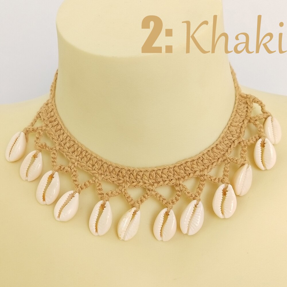 Buy 2 Get 30% Off Girl Cute Sea Shell Choker Necklace Crochet Bohemian Beach Tassel Necklace Shell Chain For Women Pendant: khaki
