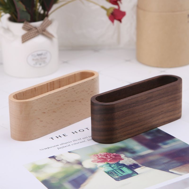 Table en bois de hêtre et noyer, présentoir pour cartes de visite et mémo