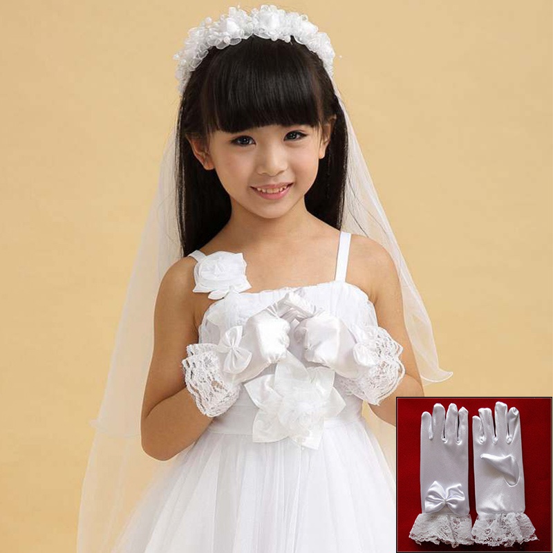 Guantes de encaje para niña, , novia, comunión, protección completa para los dedos, blanco