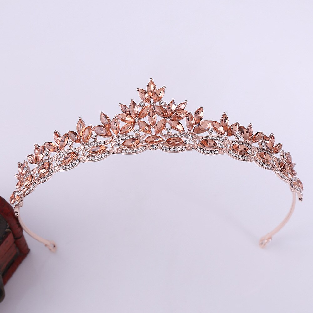 Simple Crystal Leaf Bridal Tiaras Crown Princess Queen Rhinestone Pageant Diadem Wedding Hair Accessories Tiara de Noiva: Rose Gold Peach
